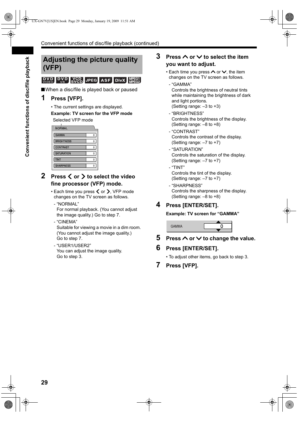 Adjusting the picture quality (vfp) | JVC CA-UXGN7V User Manual | Page 32 / 60