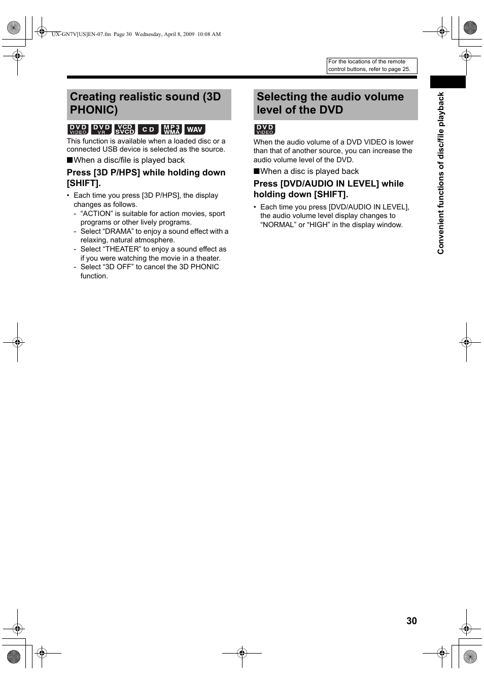 Creating realistic sound (3d phonic), Selecting the audio volume level of the dvd | JVC CA-UXGN7V User Manual | Page 33 / 60