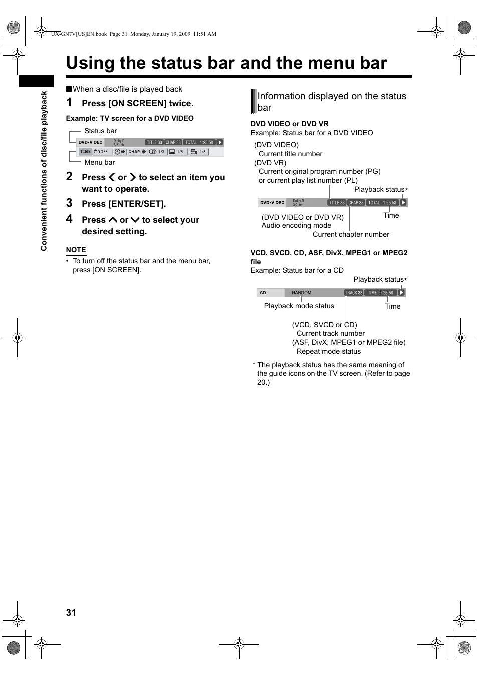 Using the status bar and the menu bar | JVC CA-UXGN7V User Manual | Page 34 / 60