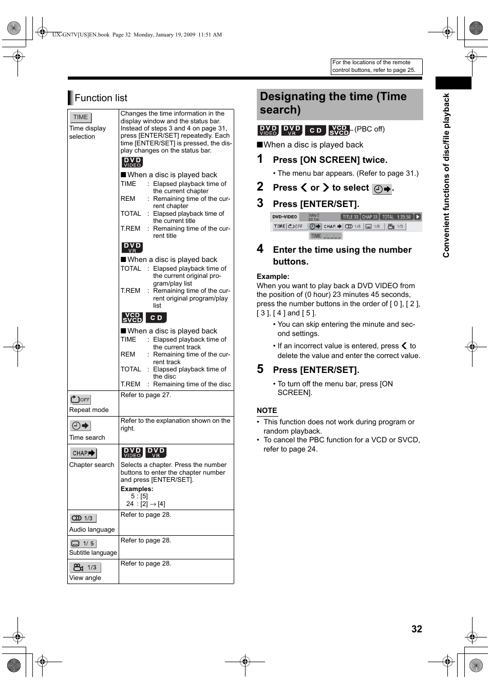 Designating the time (time search), Function list | JVC CA-UXGN7V User Manual | Page 35 / 60