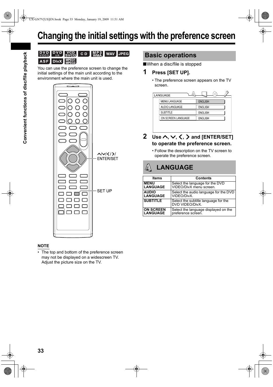 Basic operations, Language, Basic operations language | JVC CA-UXGN7V User Manual | Page 36 / 60