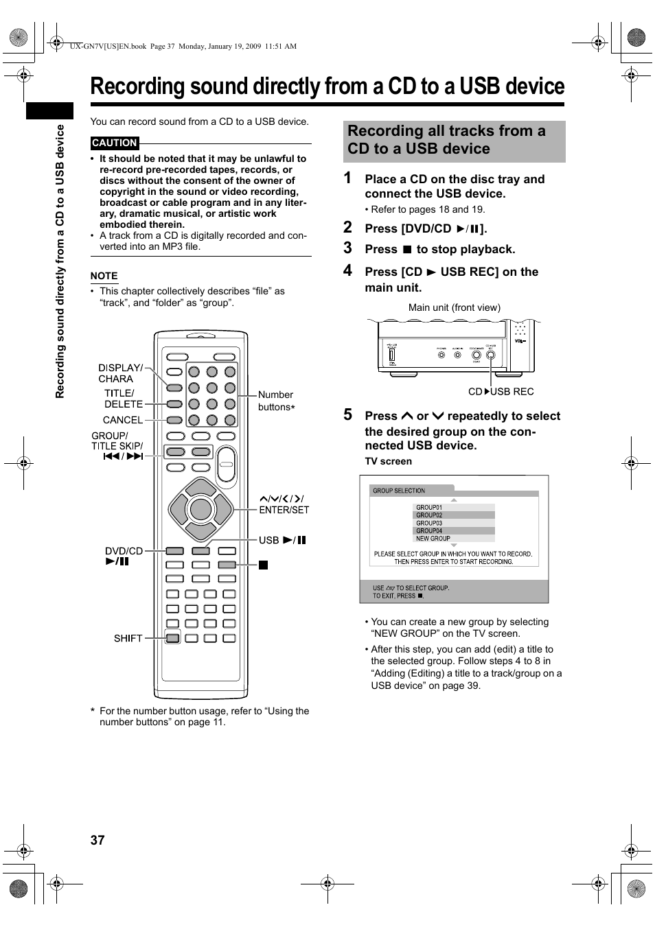 Recording sound directly from a cd to a usb device, Recording all tracks from a cd to a usb device | JVC CA-UXGN7V User Manual | Page 40 / 60
