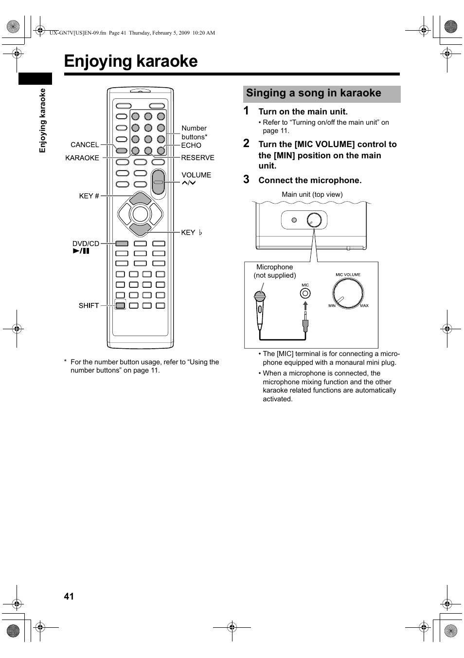 Enjoying karaoke, Singing a song in karaoke | JVC CA-UXGN7V User Manual | Page 44 / 60