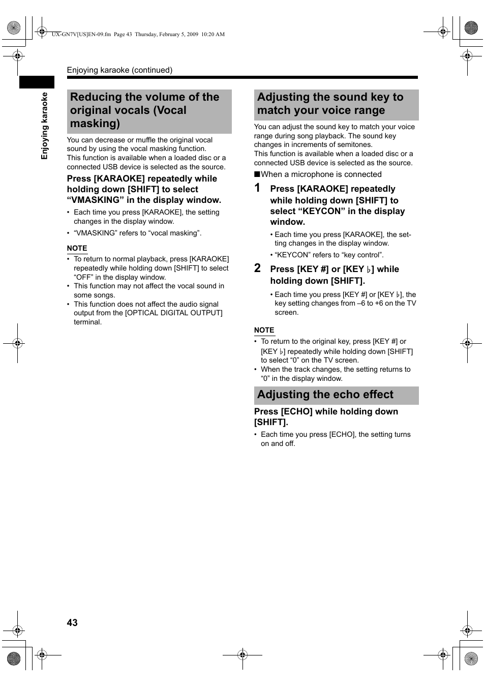 Adjusting the sound key to match your voice range, Adjusting the echo effect | JVC CA-UXGN7V User Manual | Page 46 / 60