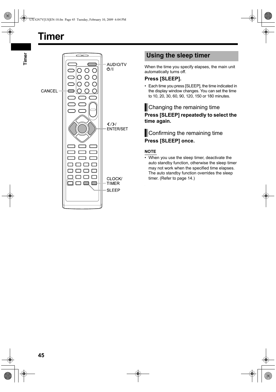 Timer, Using the sleep timer | JVC CA-UXGN7V User Manual | Page 48 / 60