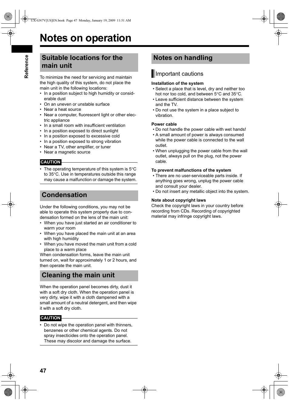 Reference, Notes on operation, Suitable locations for the main unit | Condensation, Cleaning the main unit, Notes on handling, Important cautions | JVC CA-UXGN7V User Manual | Page 50 / 60