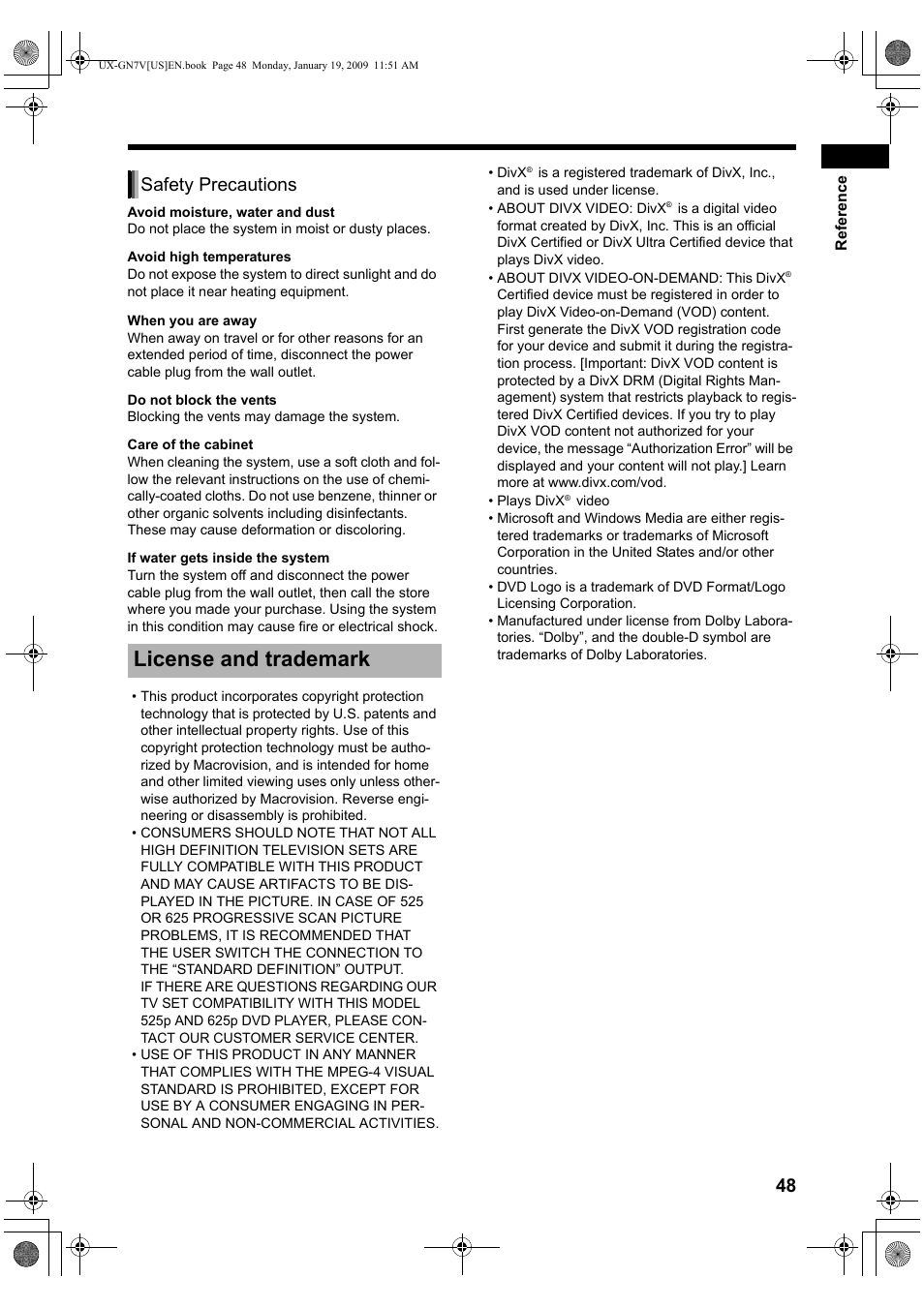 License and trademark, Safety precautions | JVC CA-UXGN7V User Manual | Page 51 / 60