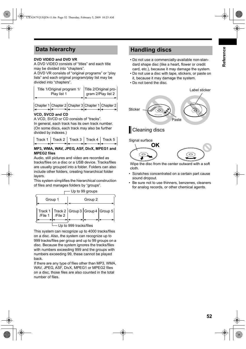 Data hierarchy, Handling discs, Cleaning discs | JVC CA-UXGN7V User Manual | Page 55 / 60