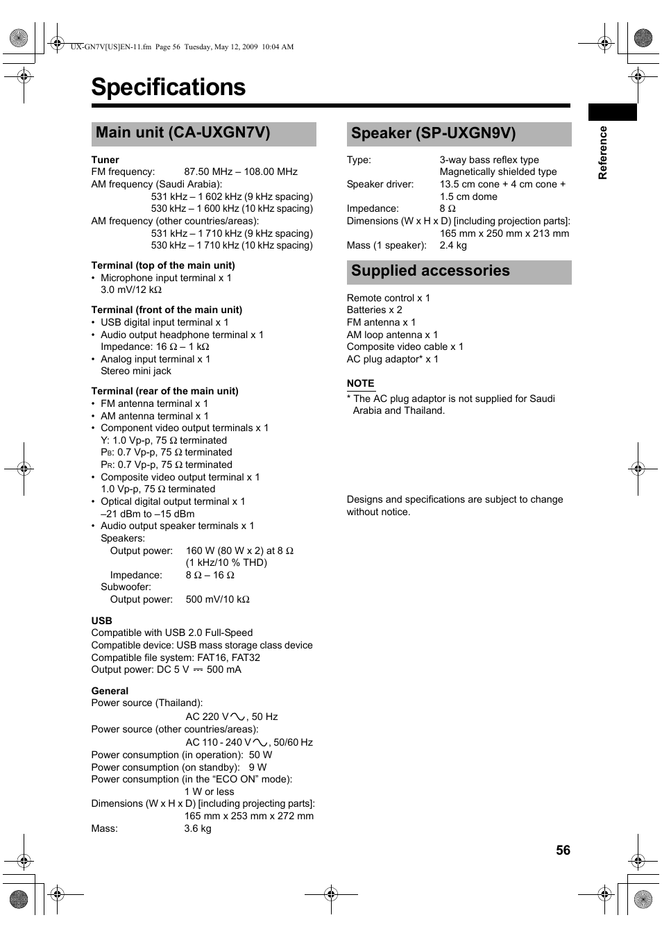 Specifications, Main unit (ca-uxgn7v), Speaker (sp-uxgn9v) | Supplied accessories | JVC CA-UXGN7V User Manual | Page 59 / 60