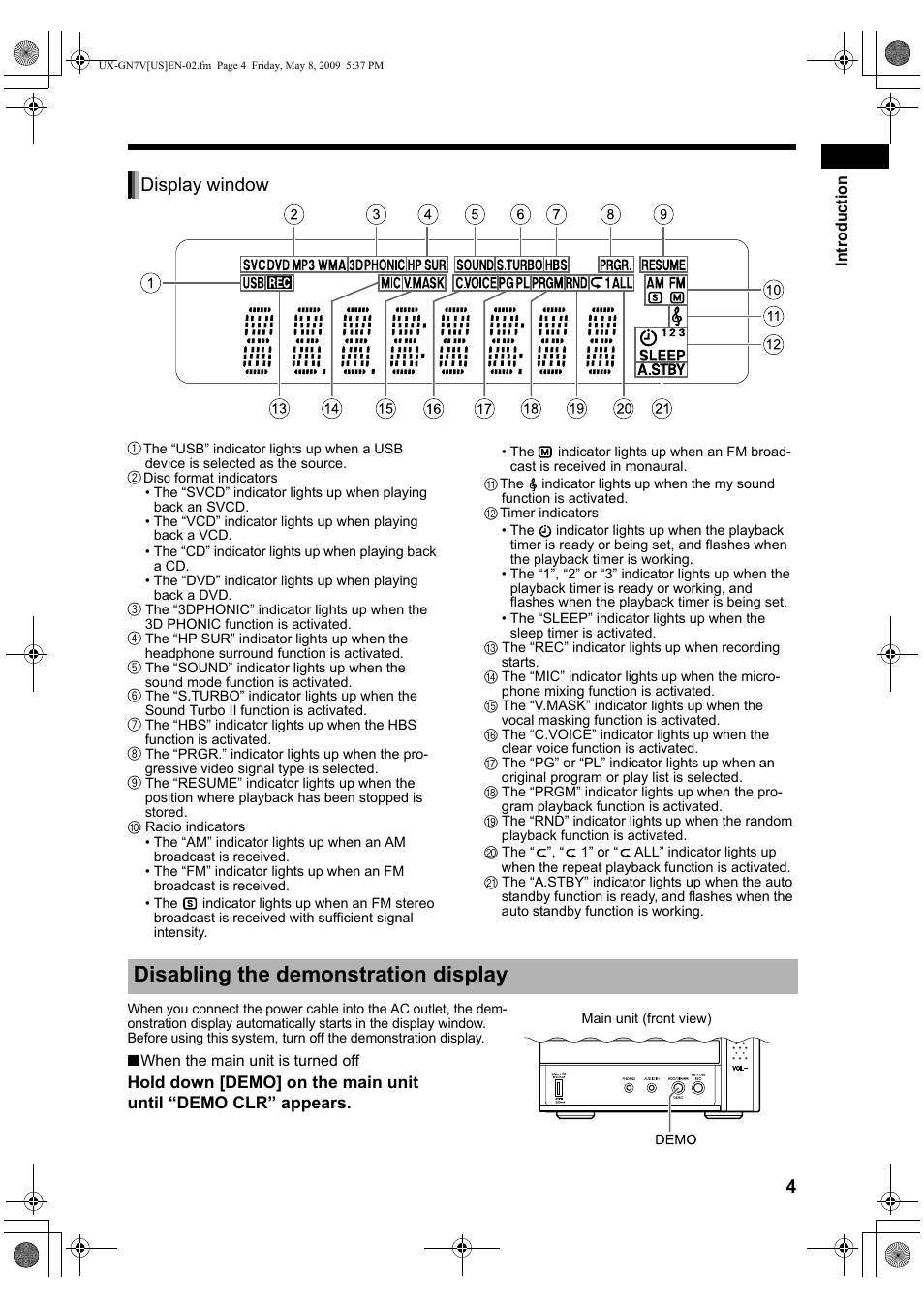 Disabling the demonstration display, Display window | JVC CA-UXGN7V User Manual | Page 7 / 60