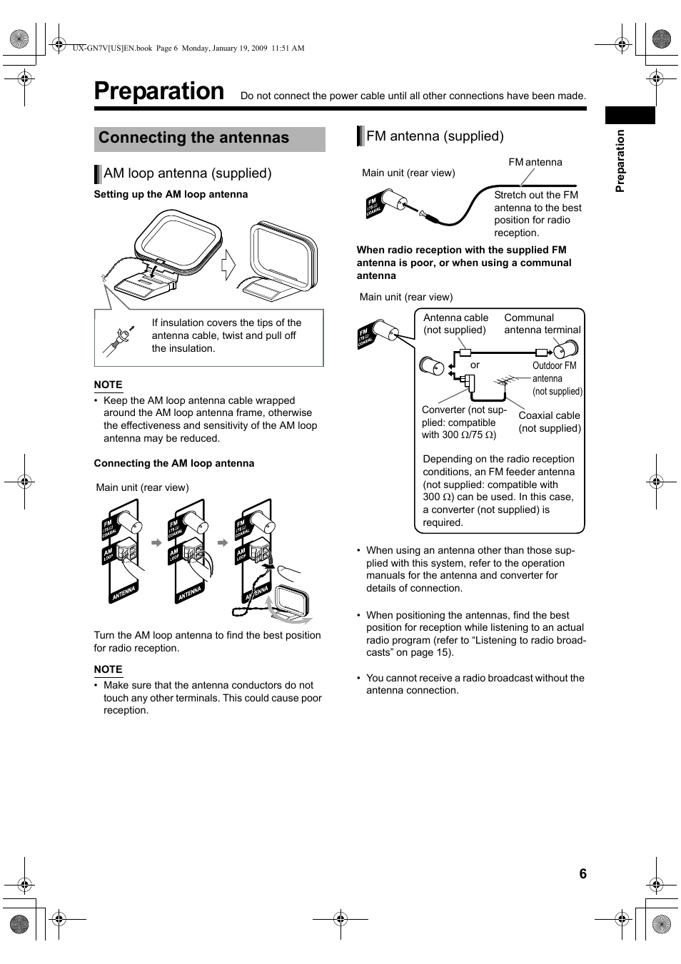 Preparation, Connecting the antennas, Am loop antenna (supplied) | Fm antenna (supplied) | JVC CA-UXGN7V User Manual | Page 9 / 60