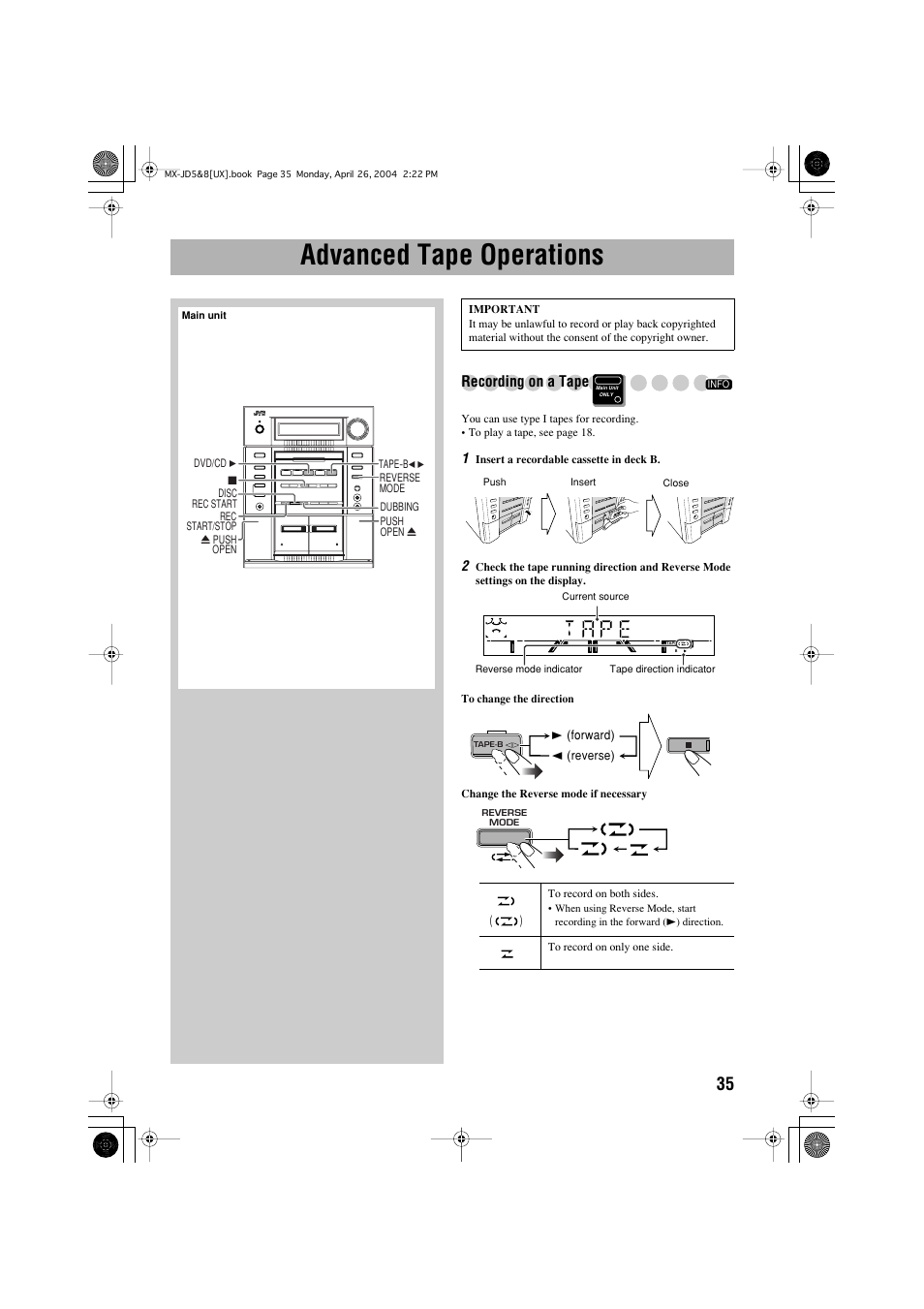 Advanced tape operations, Recording on a tape | JVC CA-MXJD8UW User Manual | Page 102 / 186