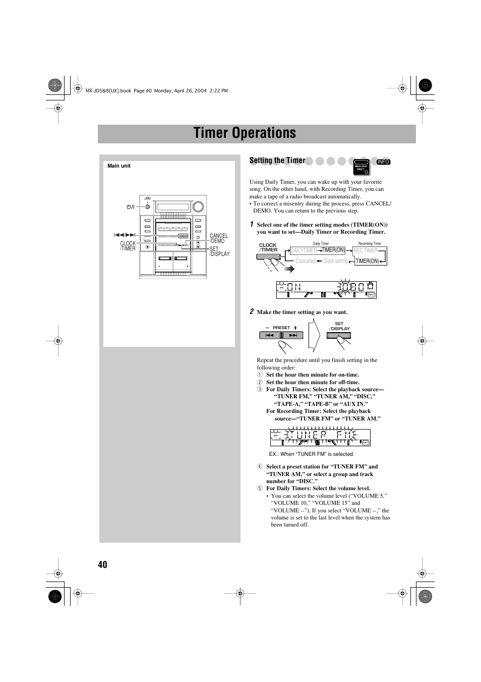 Timer operations, Setting the timer | JVC CA-MXJD8UW User Manual | Page 107 / 186