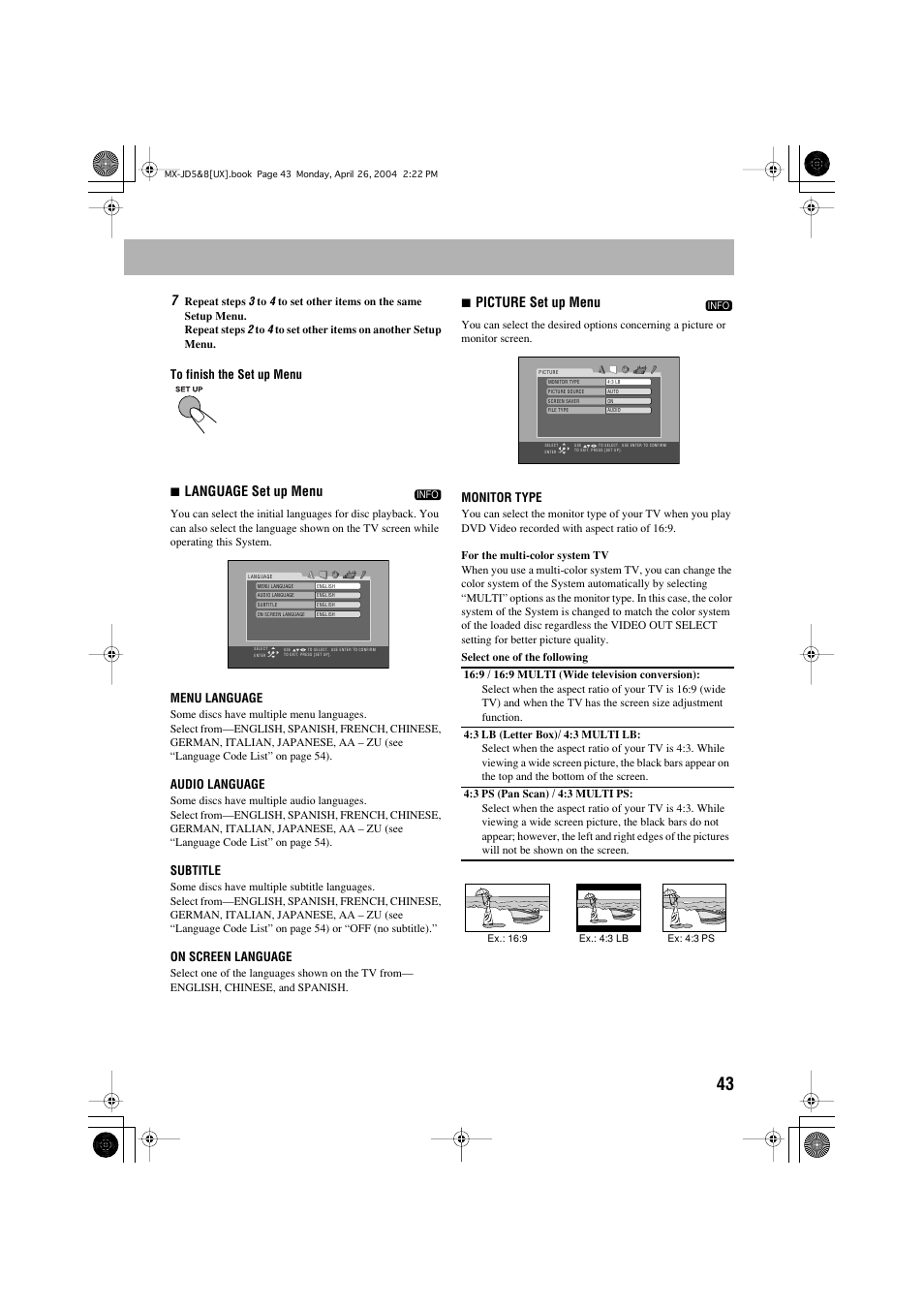 7language set up menu, 7picture set up menu | JVC CA-MXJD8UW User Manual | Page 110 / 186