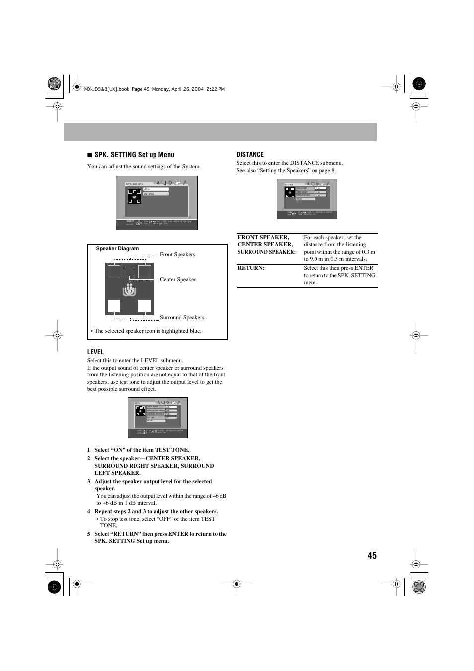 7spk. setting set up menu, Level, Distance | JVC CA-MXJD8UW User Manual | Page 112 / 186