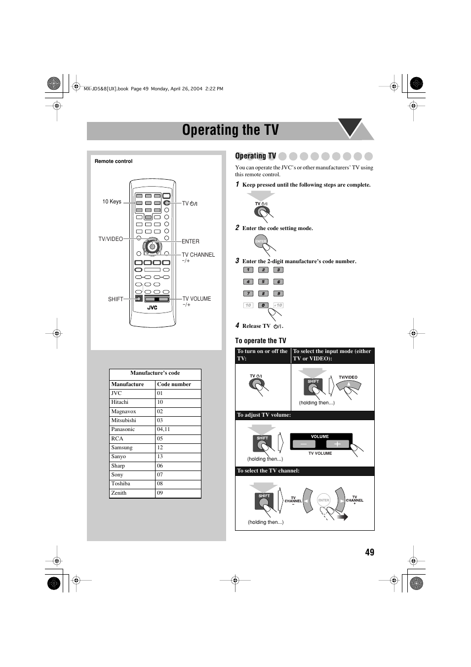 Operating the tv | JVC CA-MXJD8UW User Manual | Page 116 / 186