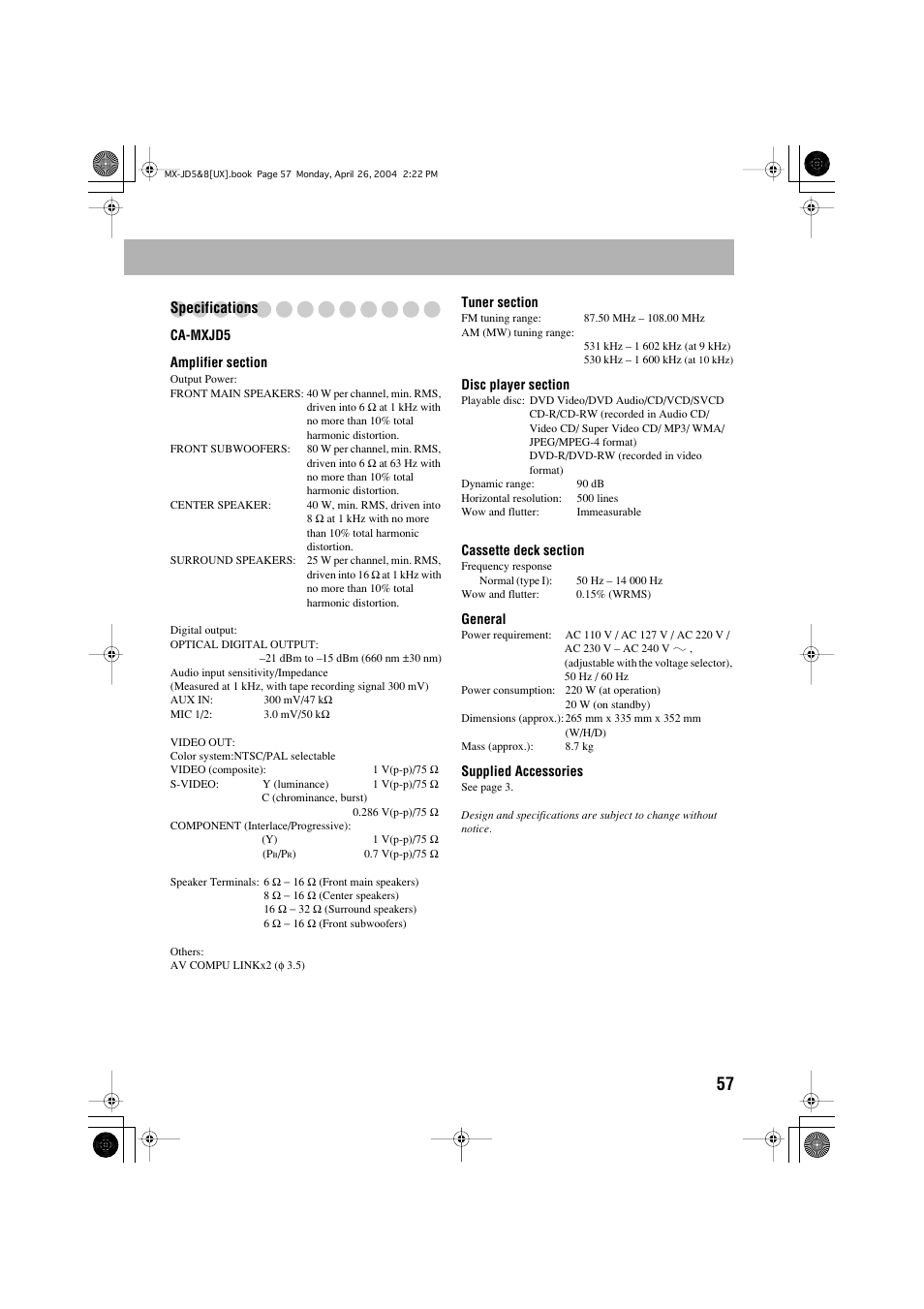 Specifications | JVC CA-MXJD8UW User Manual | Page 124 / 186