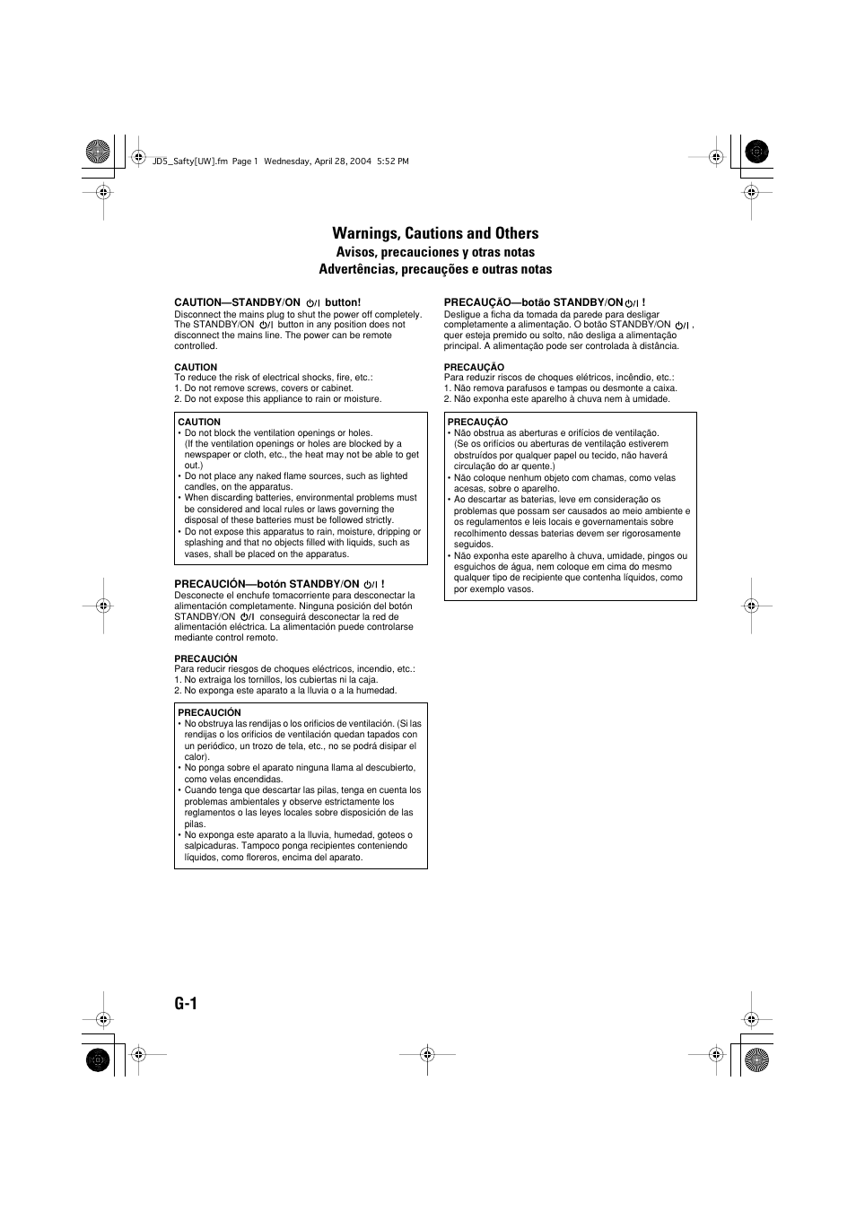 Warnings, cautions and others, G-1 warnings, cautions and others | JVC CA-MXJD8UW User Manual | Page 128 / 186