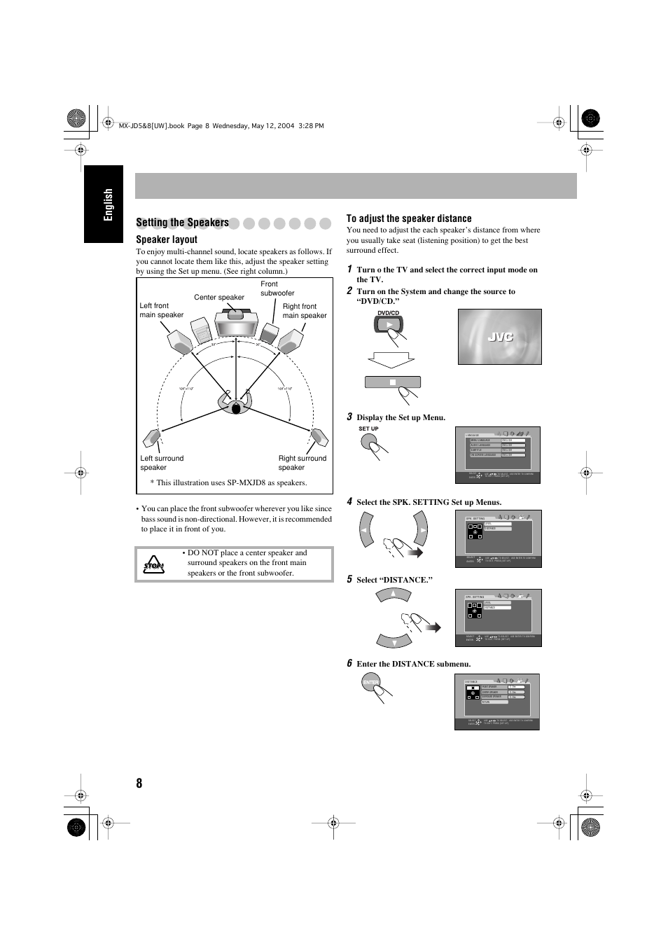 English setting the speakers, Speaker layout | JVC CA-MXJD8UW User Manual | Page 138 / 186