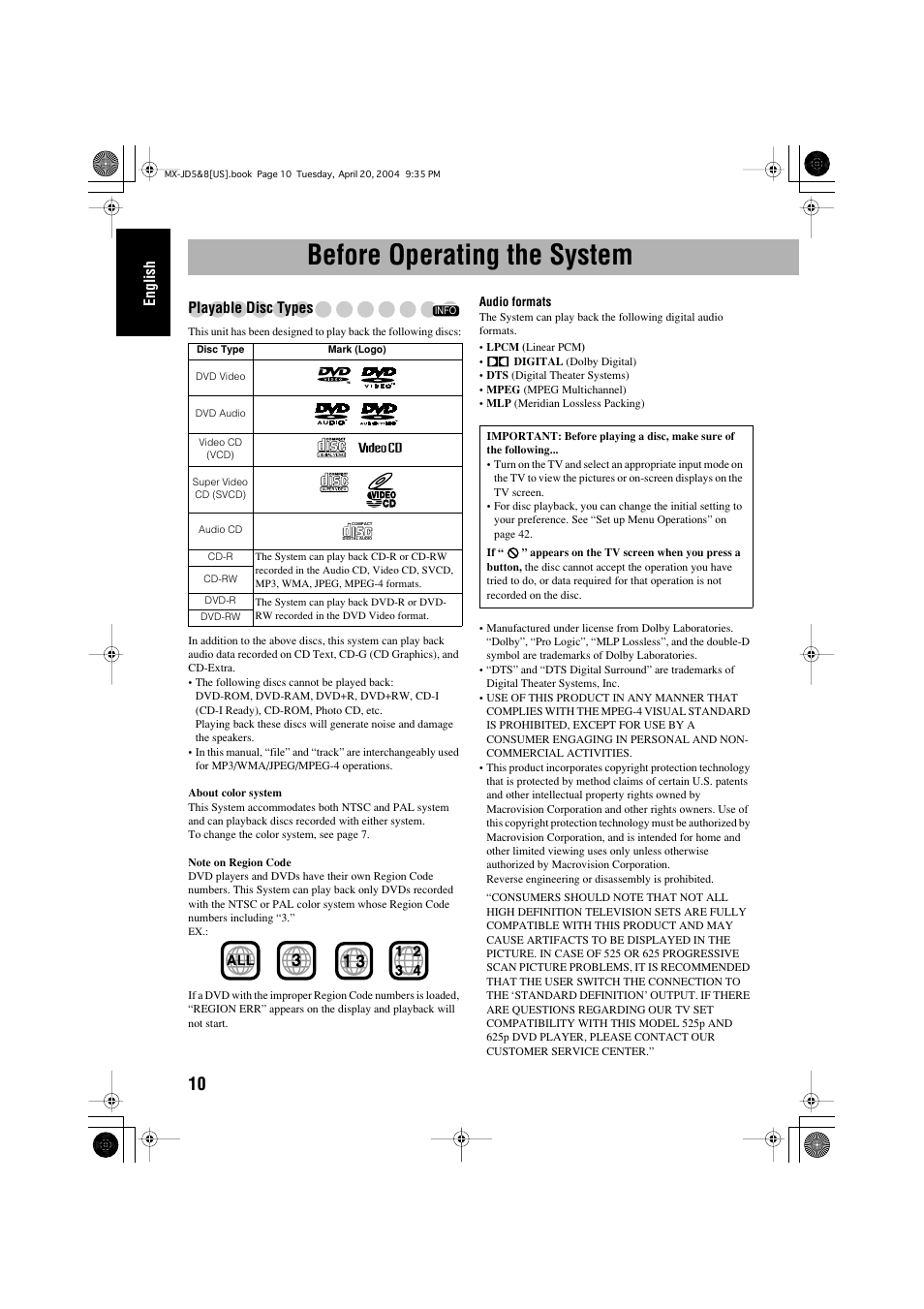 Before operating the system, English, Playable disc types | JVC CA-MXJD8UW User Manual | Page 14 / 186