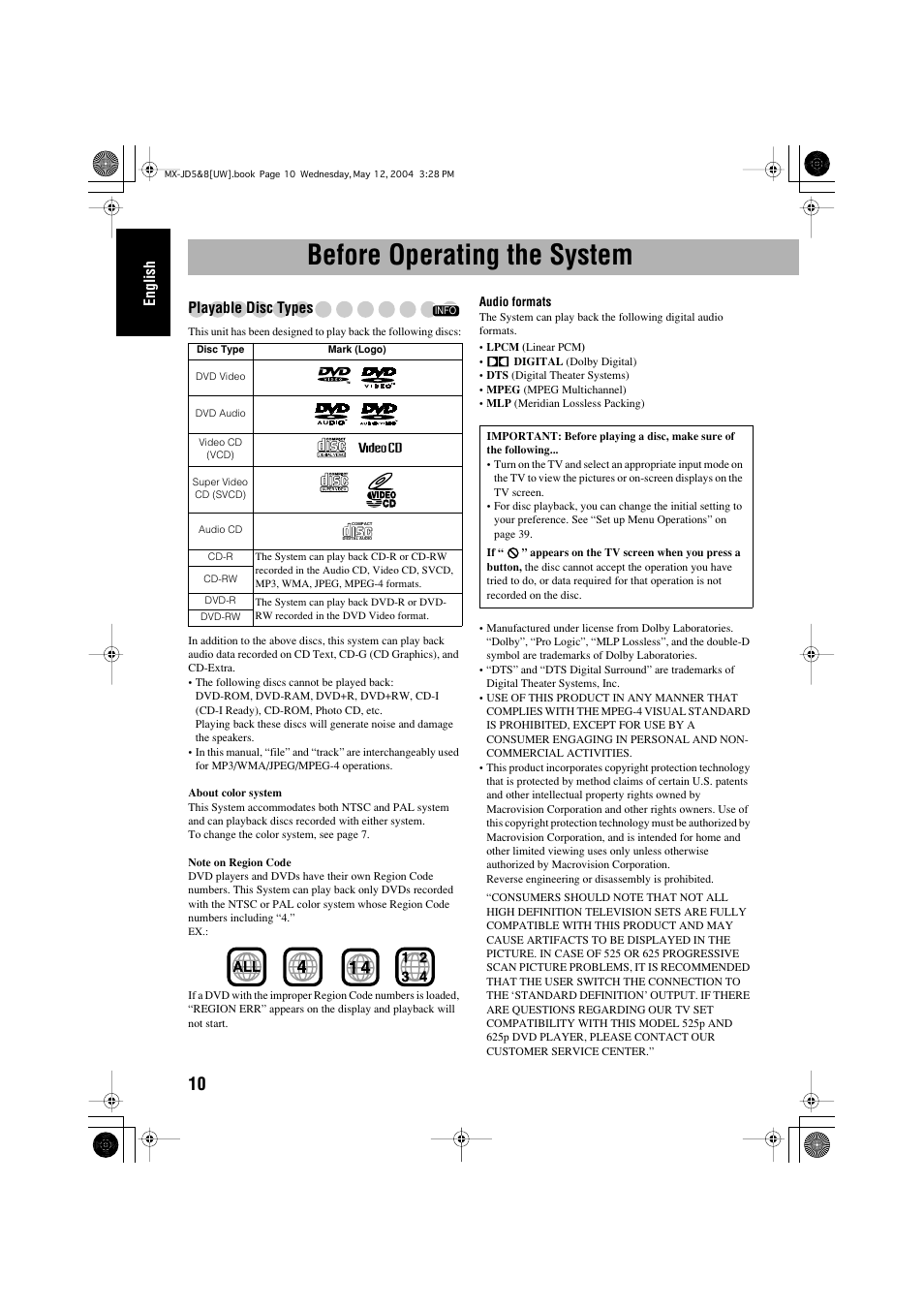 Before operating the system, English, Playable disc types | JVC CA-MXJD8UW User Manual | Page 140 / 186