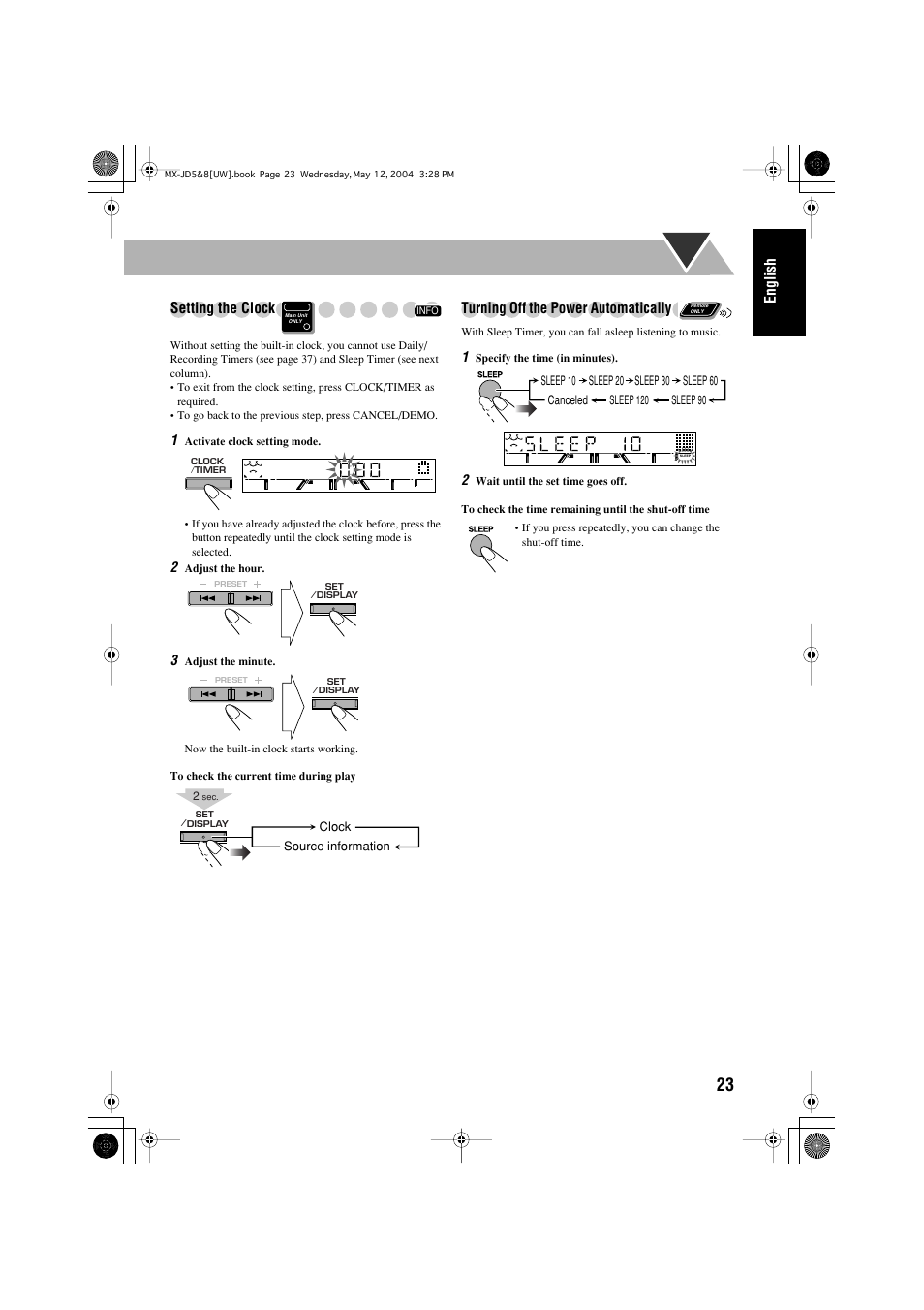 English setting the clock, Turning off the power automatically | JVC CA-MXJD8UW User Manual | Page 153 / 186