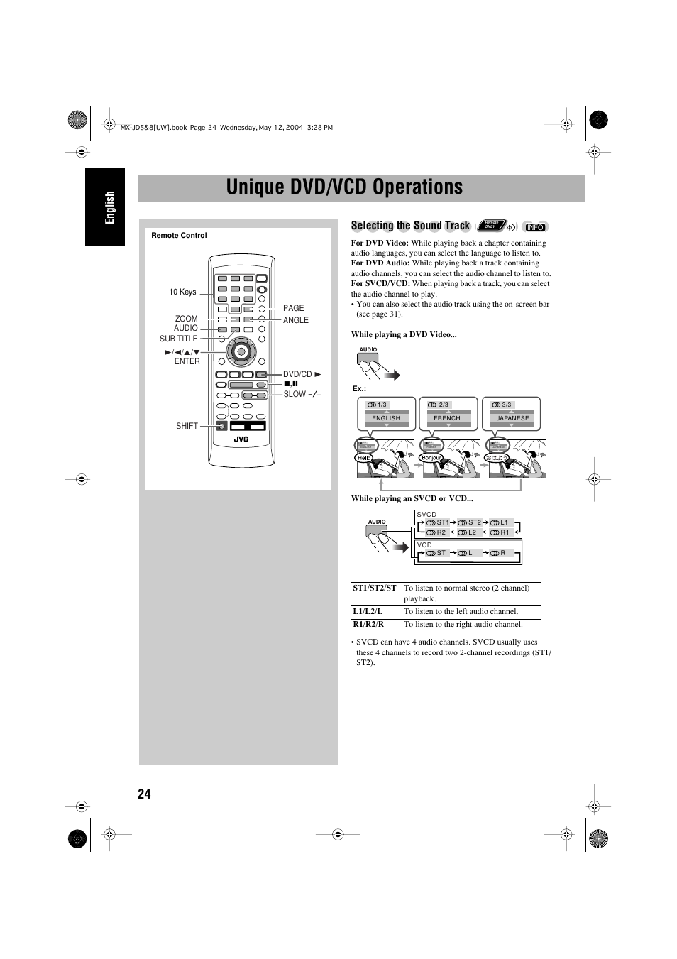 Unique dvd/vcd operations, English, Selecting the sound track | JVC CA-MXJD8UW User Manual | Page 154 / 186