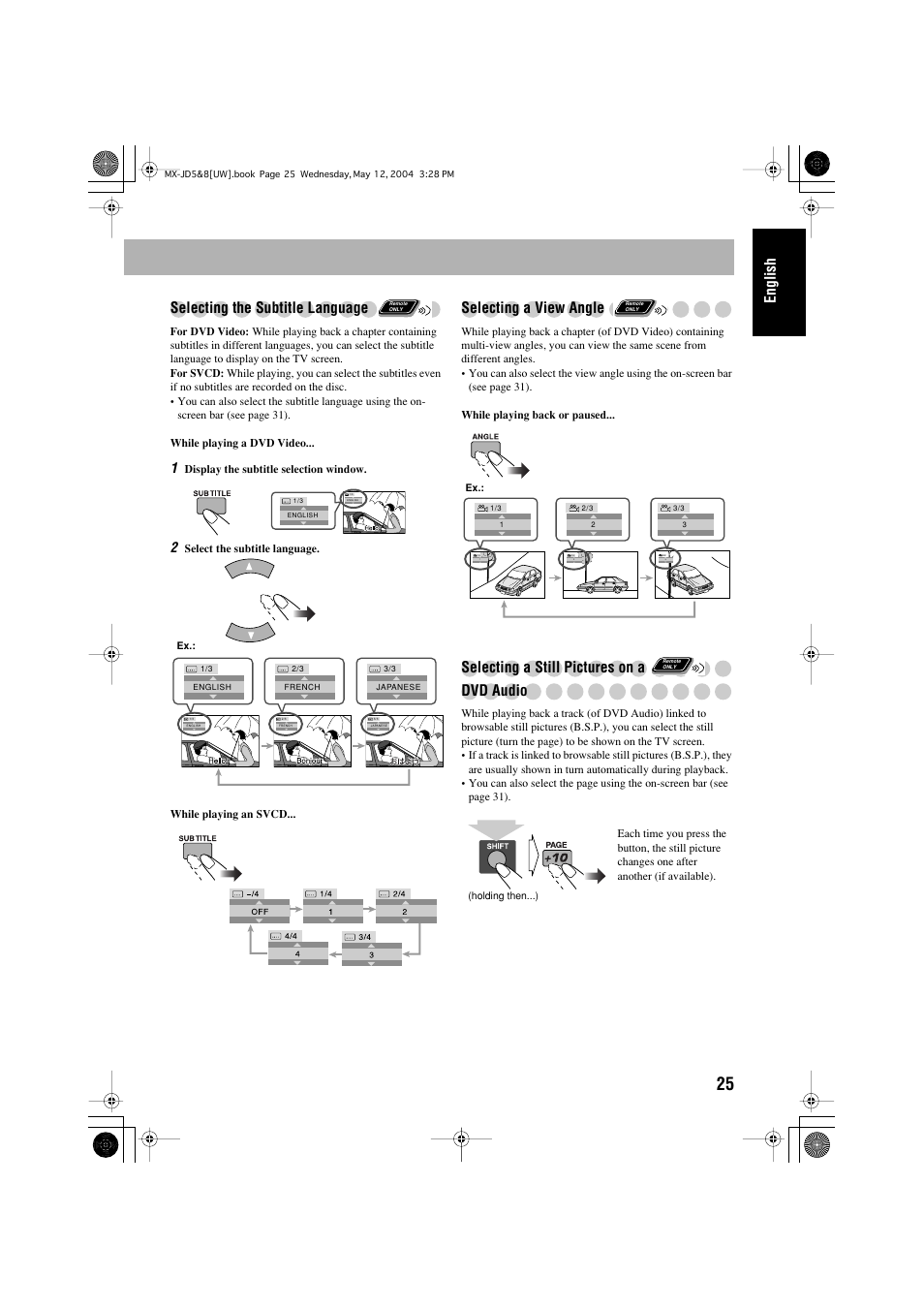 English selecting the subtitle language, Selecting a view angle, Selecting a still pictures on a dvd audio | JVC CA-MXJD8UW User Manual | Page 155 / 186