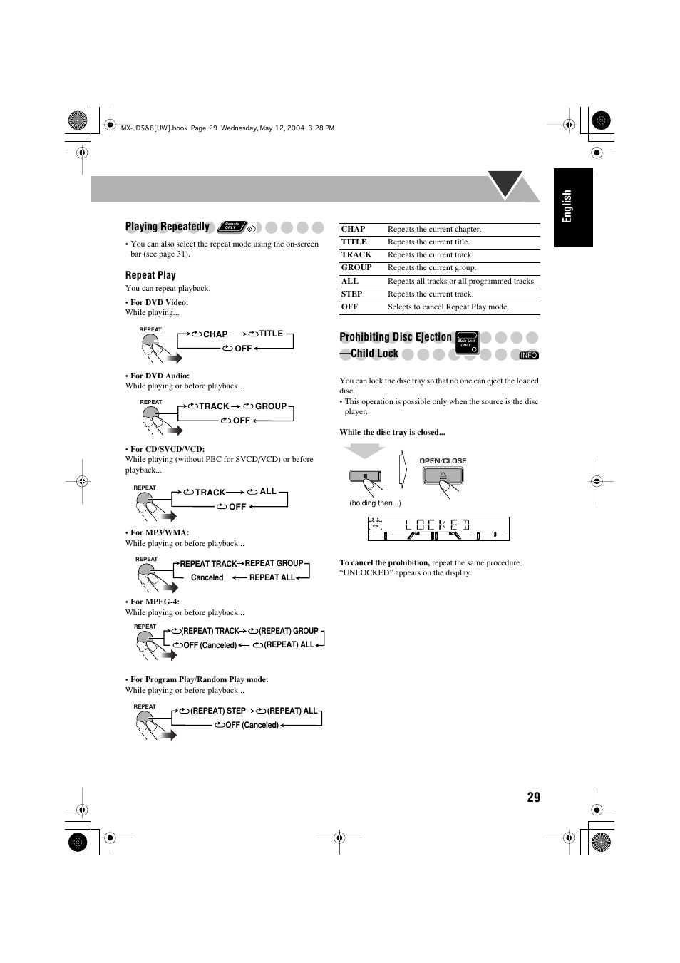 English, Playing repeatedly, Prohibiting disc ejection —child lock | JVC CA-MXJD8UW User Manual | Page 159 / 186