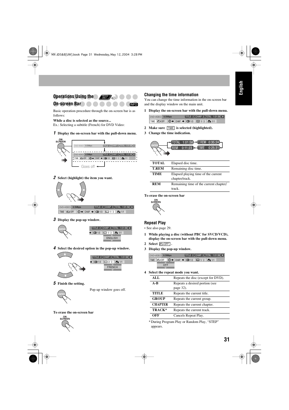 English, Operations using the on-screen bar, Changing the time information | Repeat play | JVC CA-MXJD8UW User Manual | Page 161 / 186