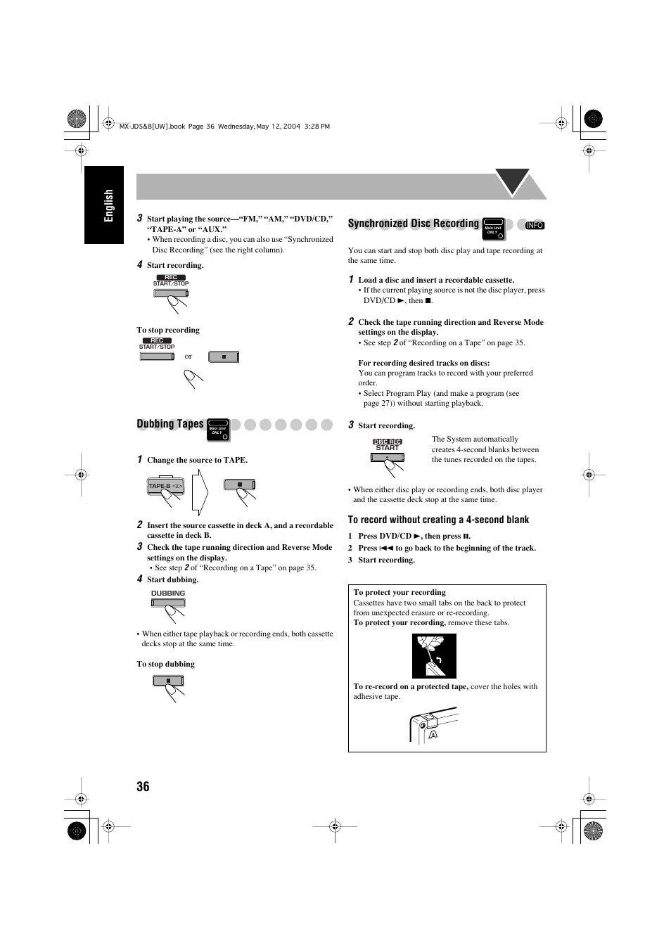 English, Dubbing tapes, Synchronized disc recording | JVC CA-MXJD8UW User Manual | Page 166 / 186