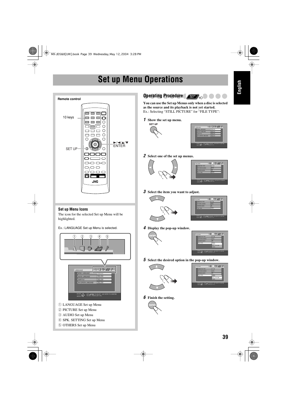 Set up menu operations, English, Operating procedure | Set up menu icons, Show the set up menu, Select one of the set up menus, Select the item you want to adjust, Display the pop-up window, Select the desired option in the pop-up window, Finish the setting | JVC CA-MXJD8UW User Manual | Page 169 / 186