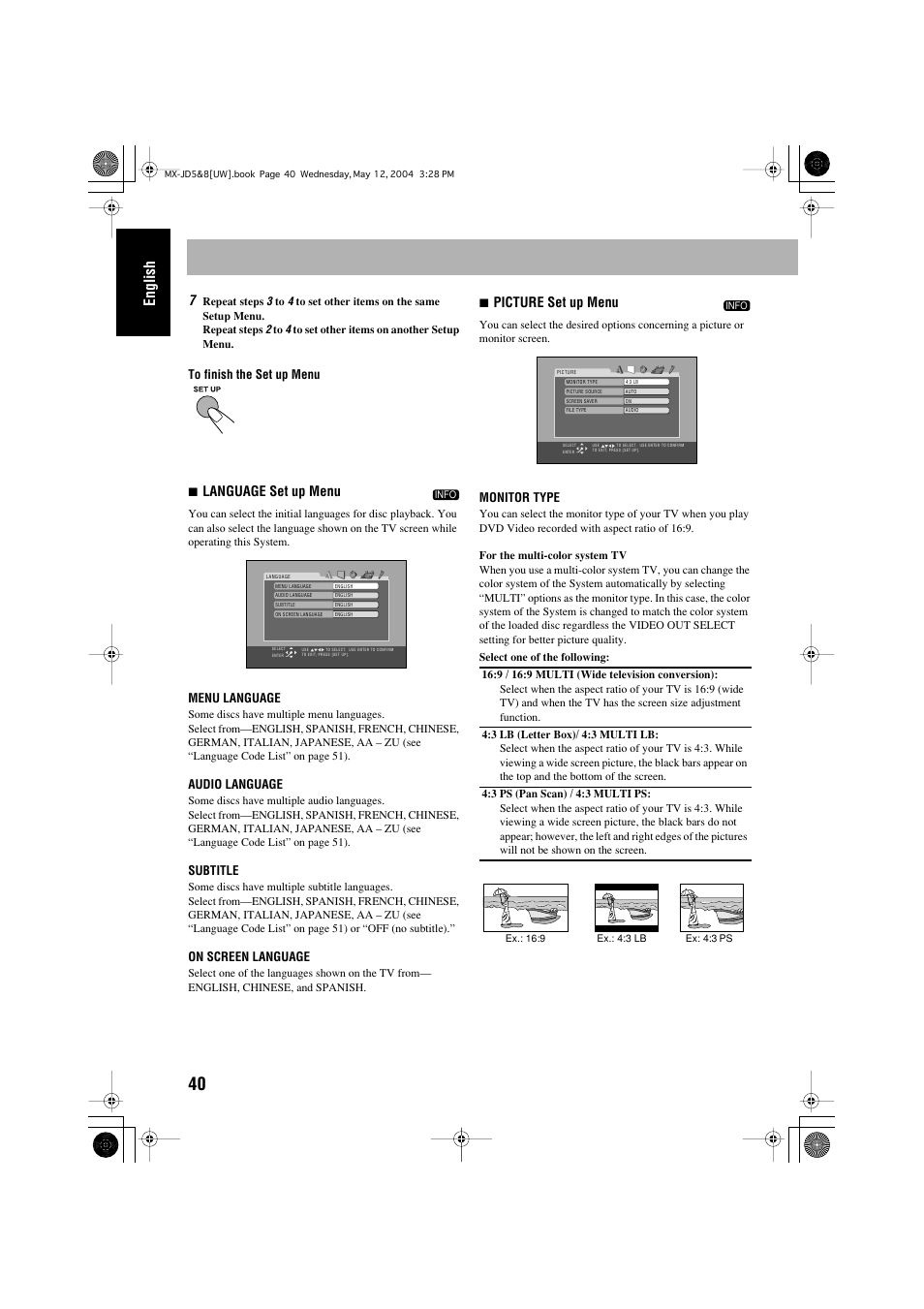 English, 7language set up menu, 7picture set up menu | JVC CA-MXJD8UW User Manual | Page 170 / 186