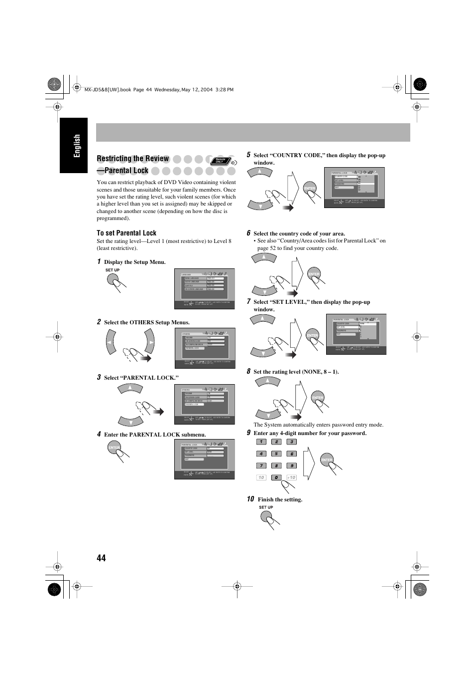 English restricting the review —parental lock, Display the setup menu, Select the others setup menus | Select “parental lock, Enter the parental lock submenu, Select “set level,” then display the pop-up window, Enter any 4-digit number for your password, Finish the setting | JVC CA-MXJD8UW User Manual | Page 174 / 186