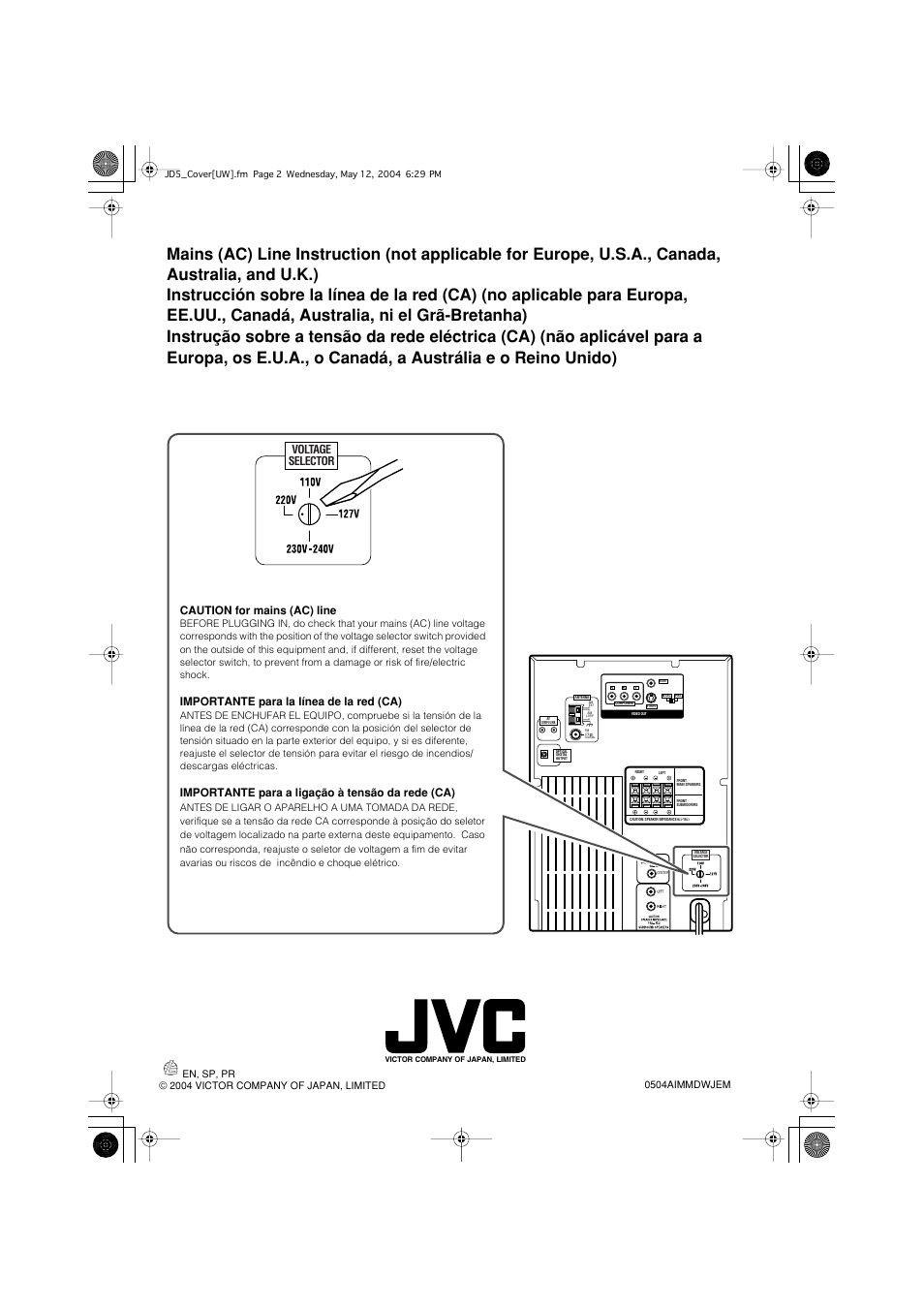 Voltage selector, Caution for mains (ac) line, Importante para la línea de la red (ca) | Importante para a ligação à tensão da rede (ca) | JVC CA-MXJD8UW User Manual | Page 186 / 186