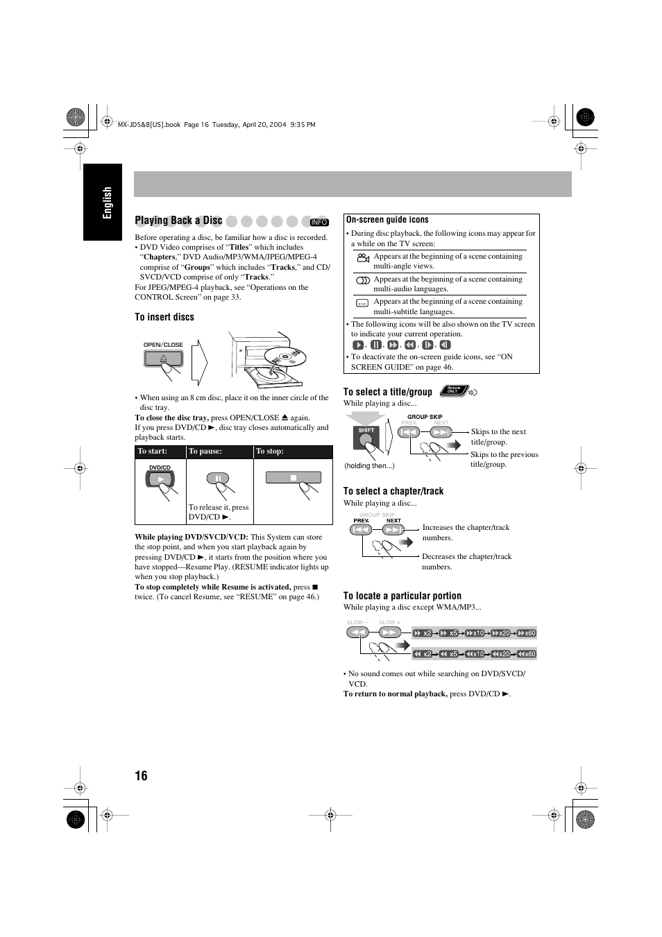 English playing back a disc | JVC CA-MXJD8UW User Manual | Page 20 / 186