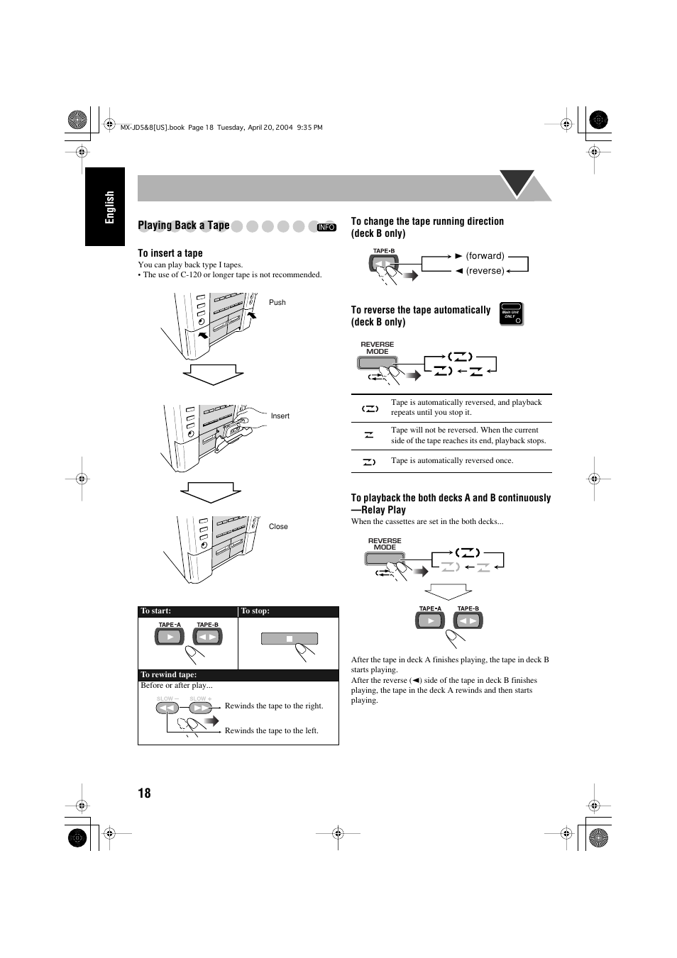 English playing back a tape | JVC CA-MXJD8UW User Manual | Page 22 / 186