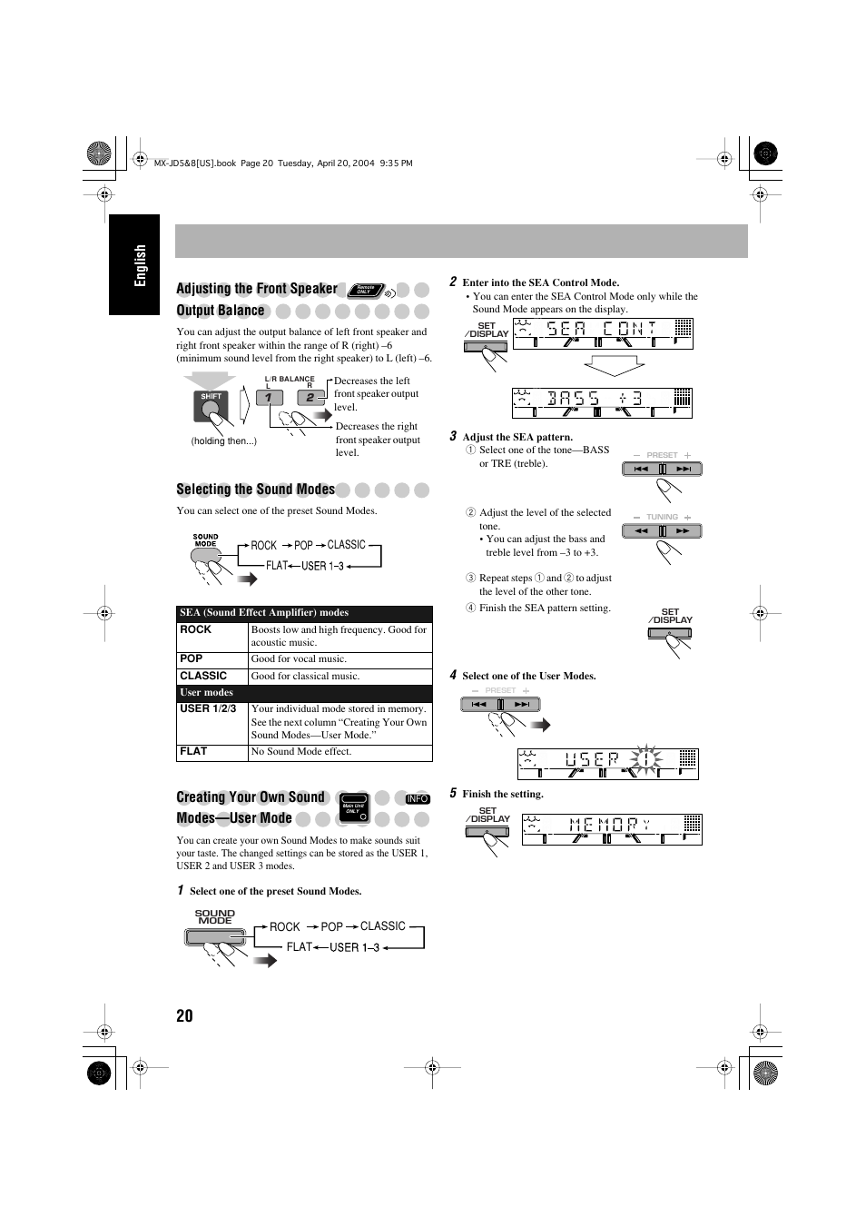 English adjusting the front speaker output balance, Selecting the sound modes, Creating your own sound modes—user mode | JVC CA-MXJD8UW User Manual | Page 24 / 186