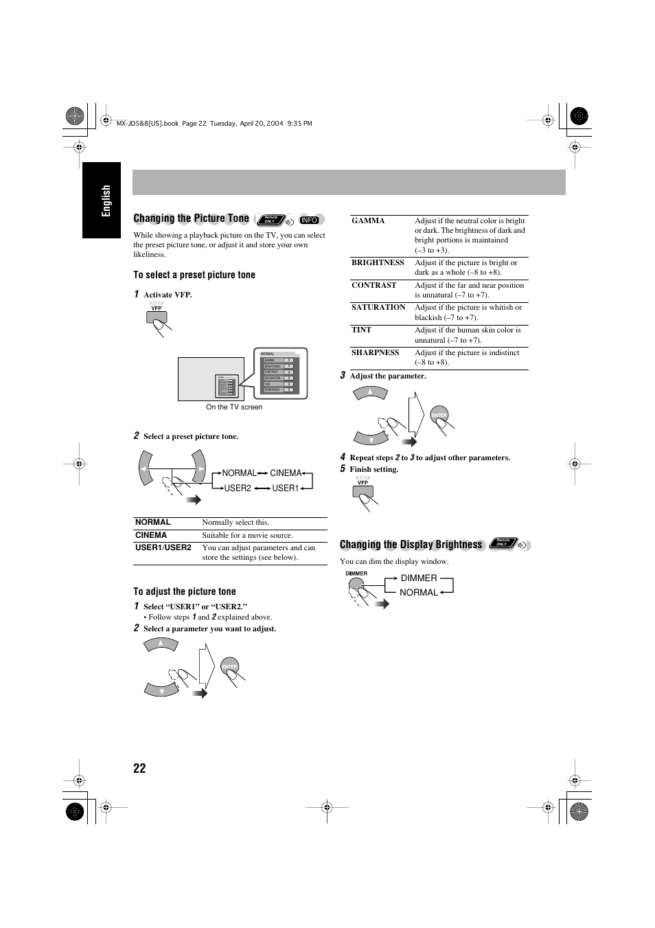 English changing the picture tone, Changing the display brightness | JVC CA-MXJD8UW User Manual | Page 26 / 186
