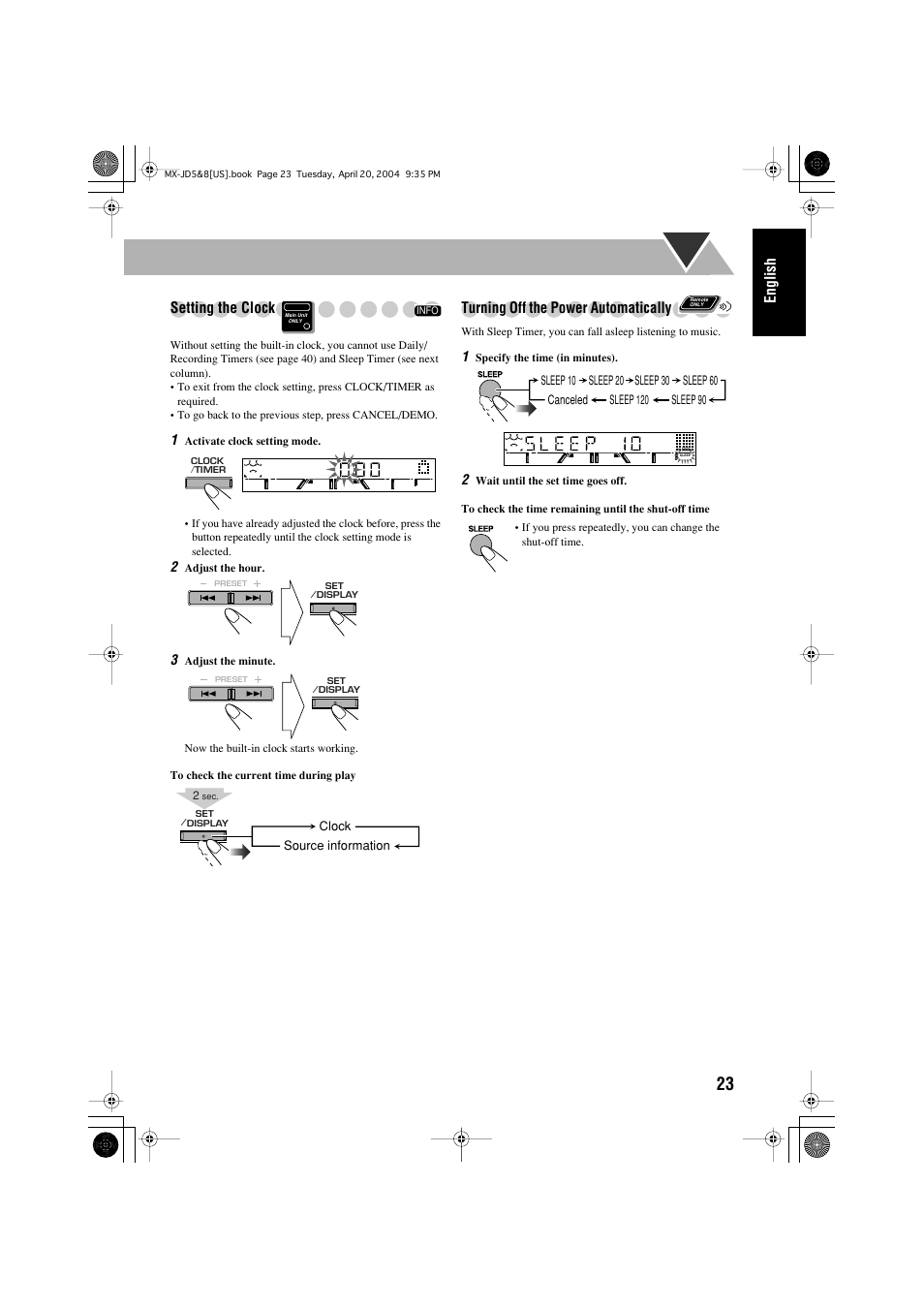 English setting the clock, Turning off the power automatically | JVC CA-MXJD8UW User Manual | Page 27 / 186
