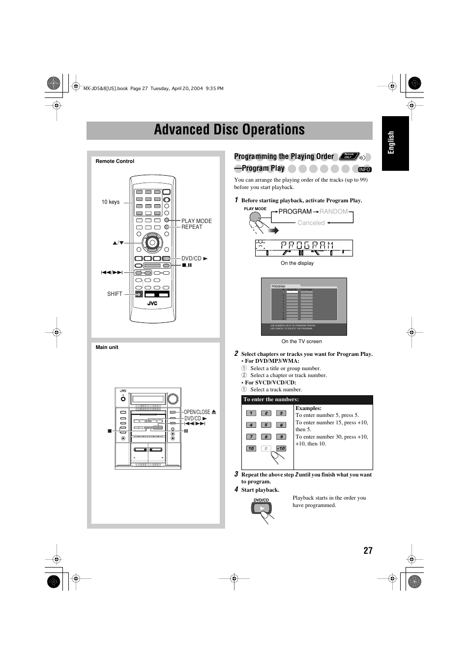 Advanced disc operations, English, Programming the playing order —program play | JVC CA-MXJD8UW User Manual | Page 31 / 186