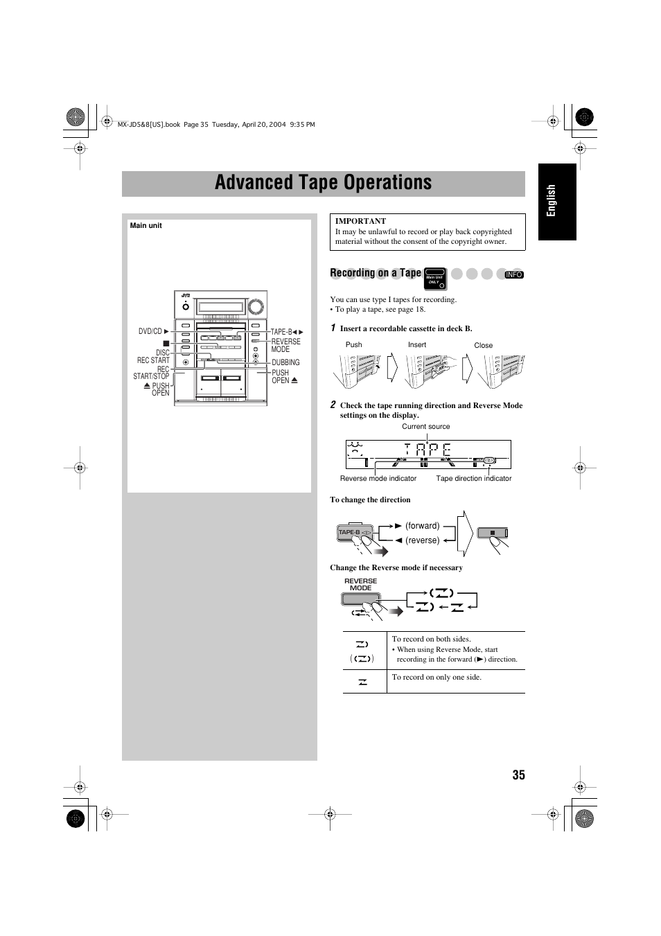 Advanced tape operations, English, Recording on a tape | JVC CA-MXJD8UW User Manual | Page 39 / 186