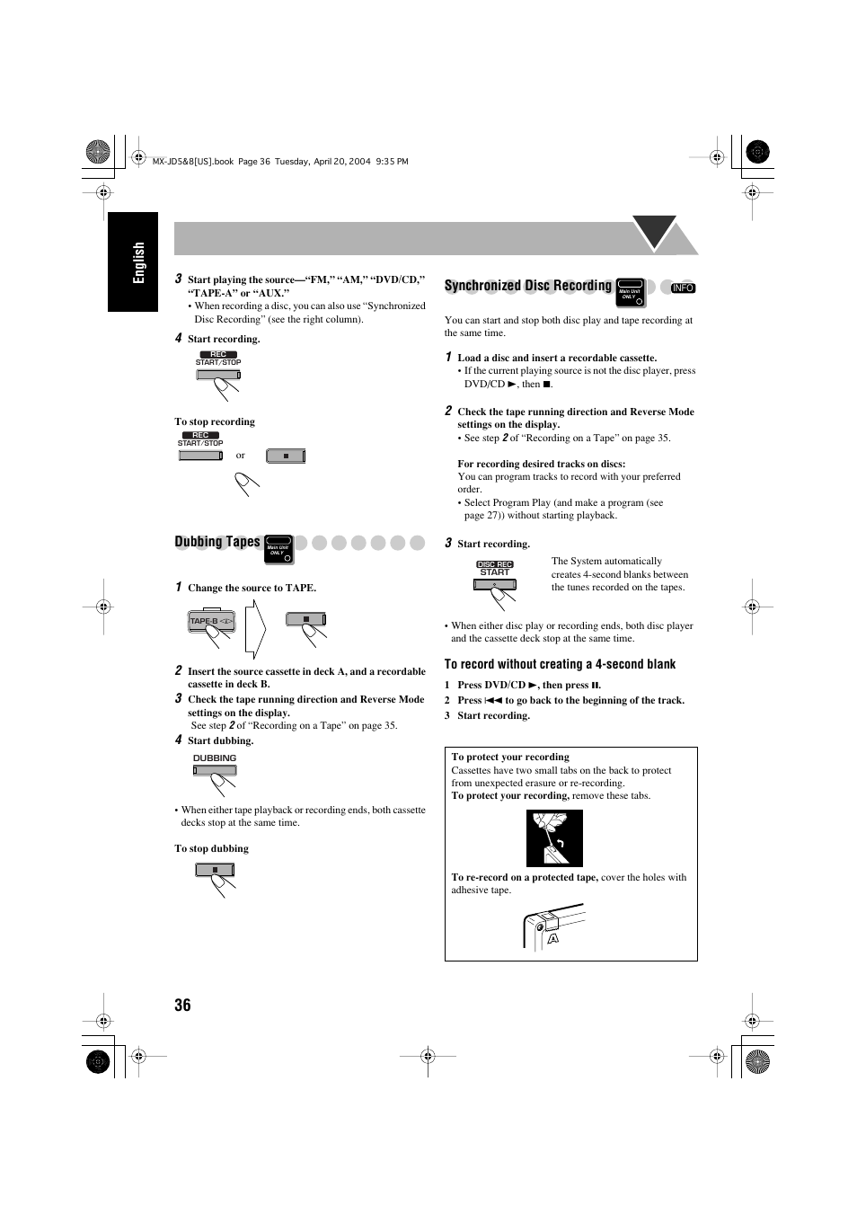 English, Dubbing tapes, Synchronized disc recording | JVC CA-MXJD8UW User Manual | Page 40 / 186