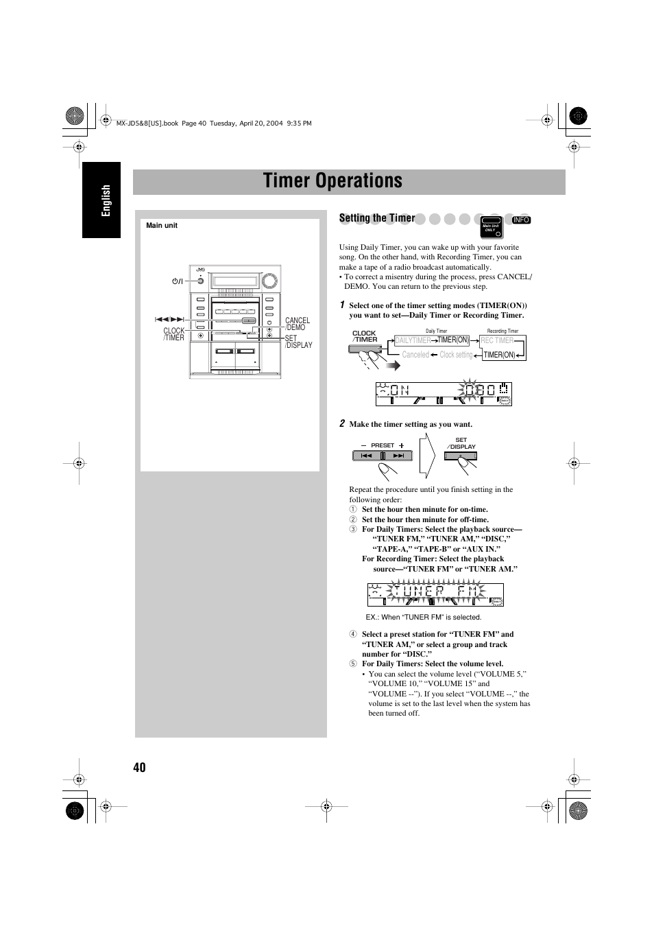 Timer operations, English, Setting the timer | JVC CA-MXJD8UW User Manual | Page 44 / 186