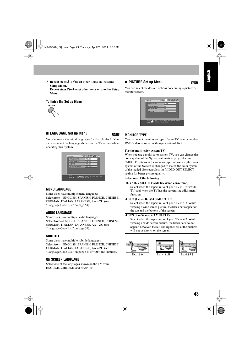 English, 7language set up menu, 7picture set up menu | JVC CA-MXJD8UW User Manual | Page 47 / 186