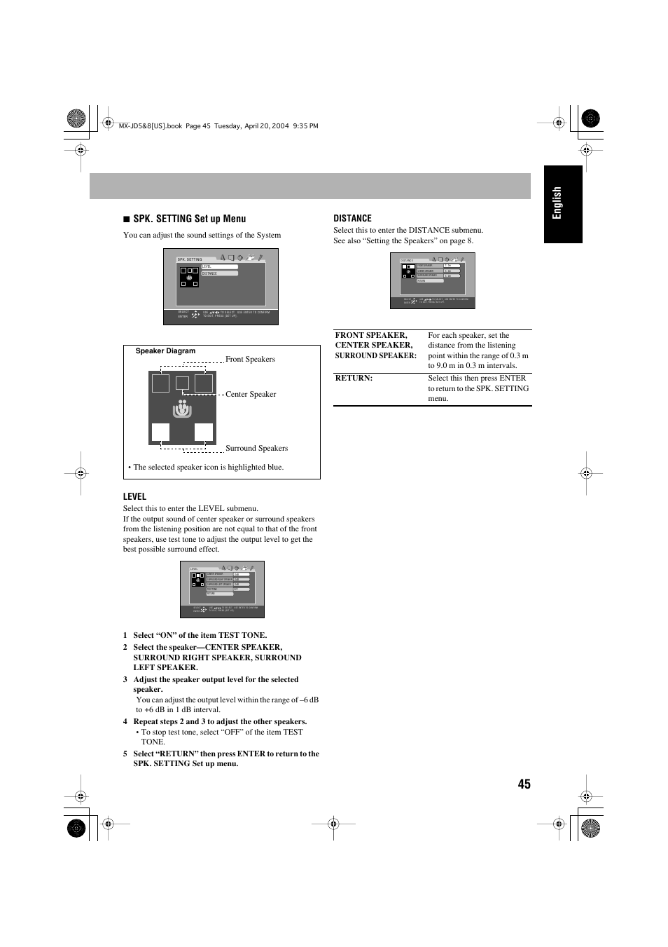 English, 7spk. setting set up menu, Level | Distance | JVC CA-MXJD8UW User Manual | Page 49 / 186