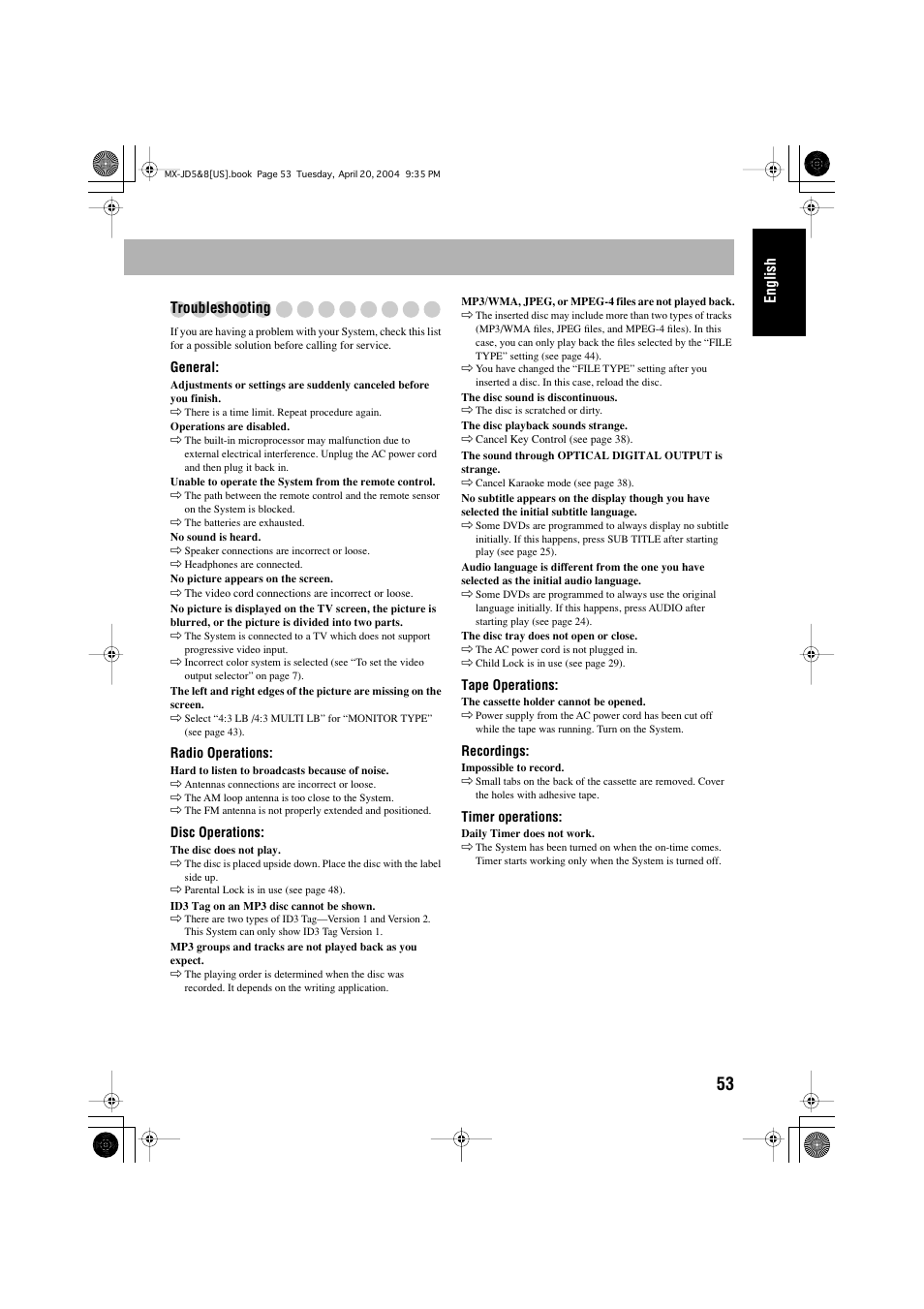 English troubleshooting | JVC CA-MXJD8UW User Manual | Page 57 / 186