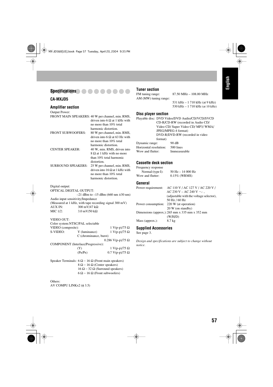 English specifications | JVC CA-MXJD8UW User Manual | Page 61 / 186