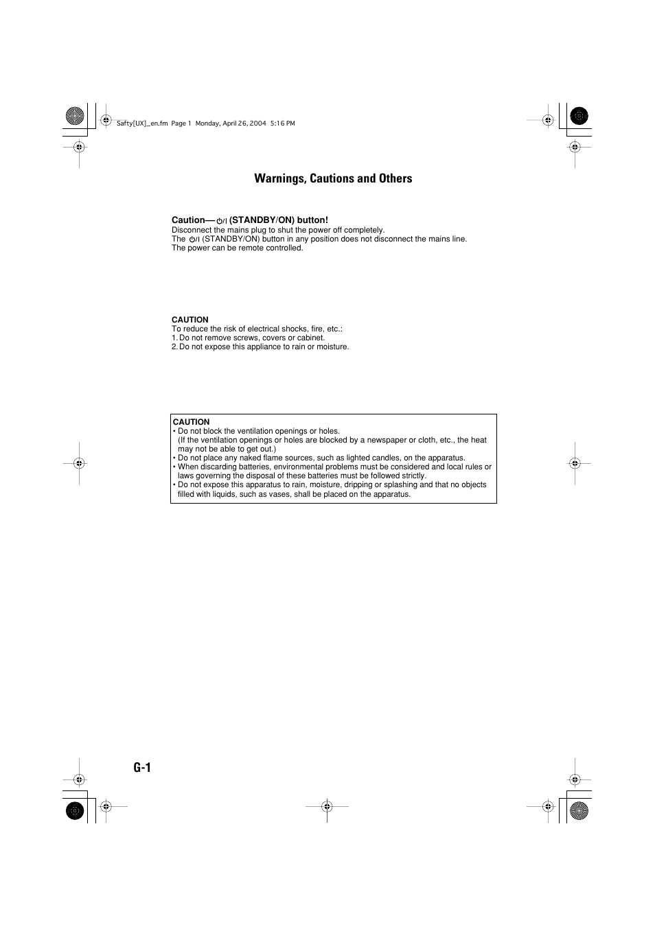 Warnings, cautions and others, G-1 warnings, cautions and others | JVC CA-MXJD8UW User Manual | Page 65 / 186