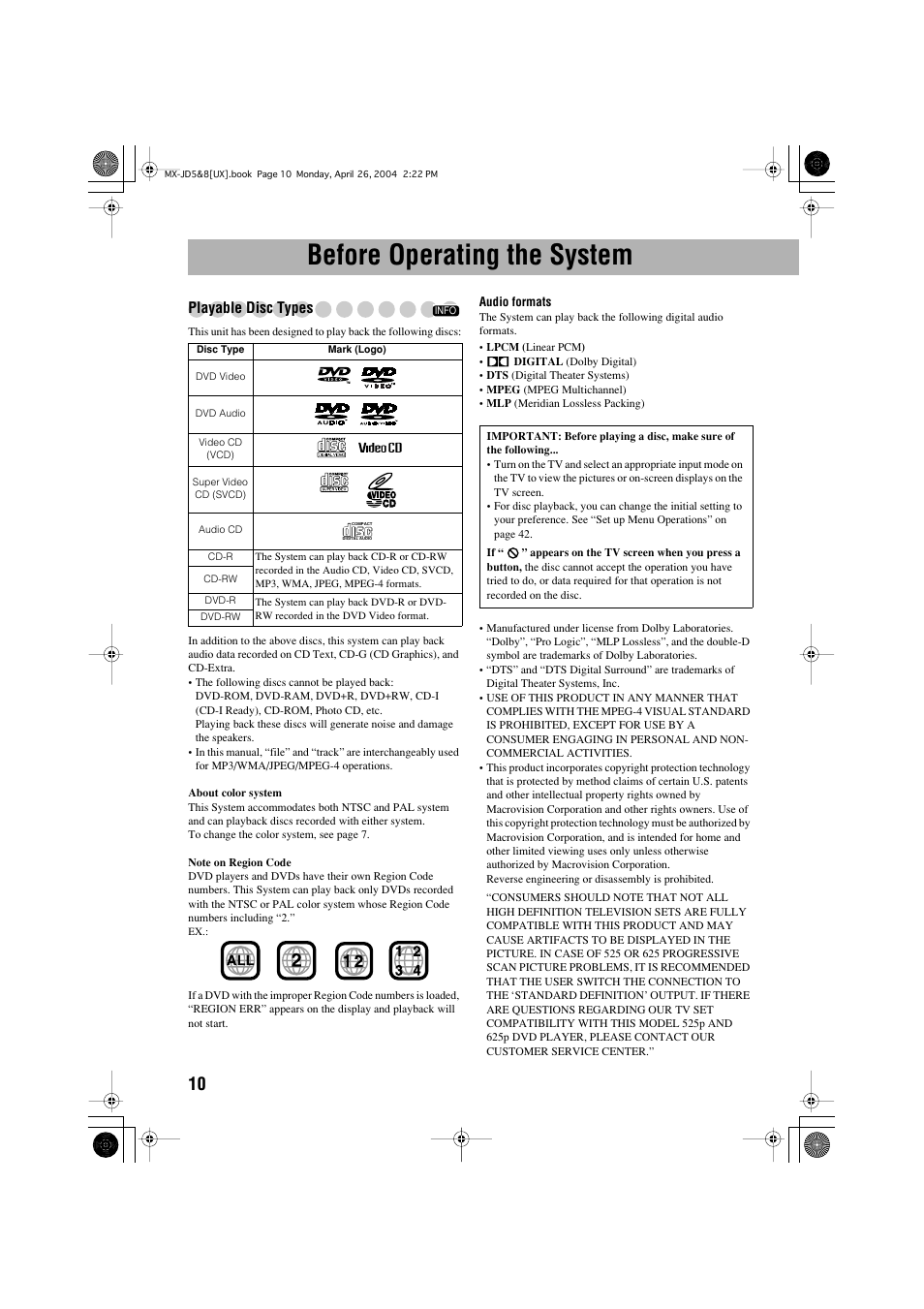 Before operating the system, Playable disc types | JVC CA-MXJD8UW User Manual | Page 77 / 186